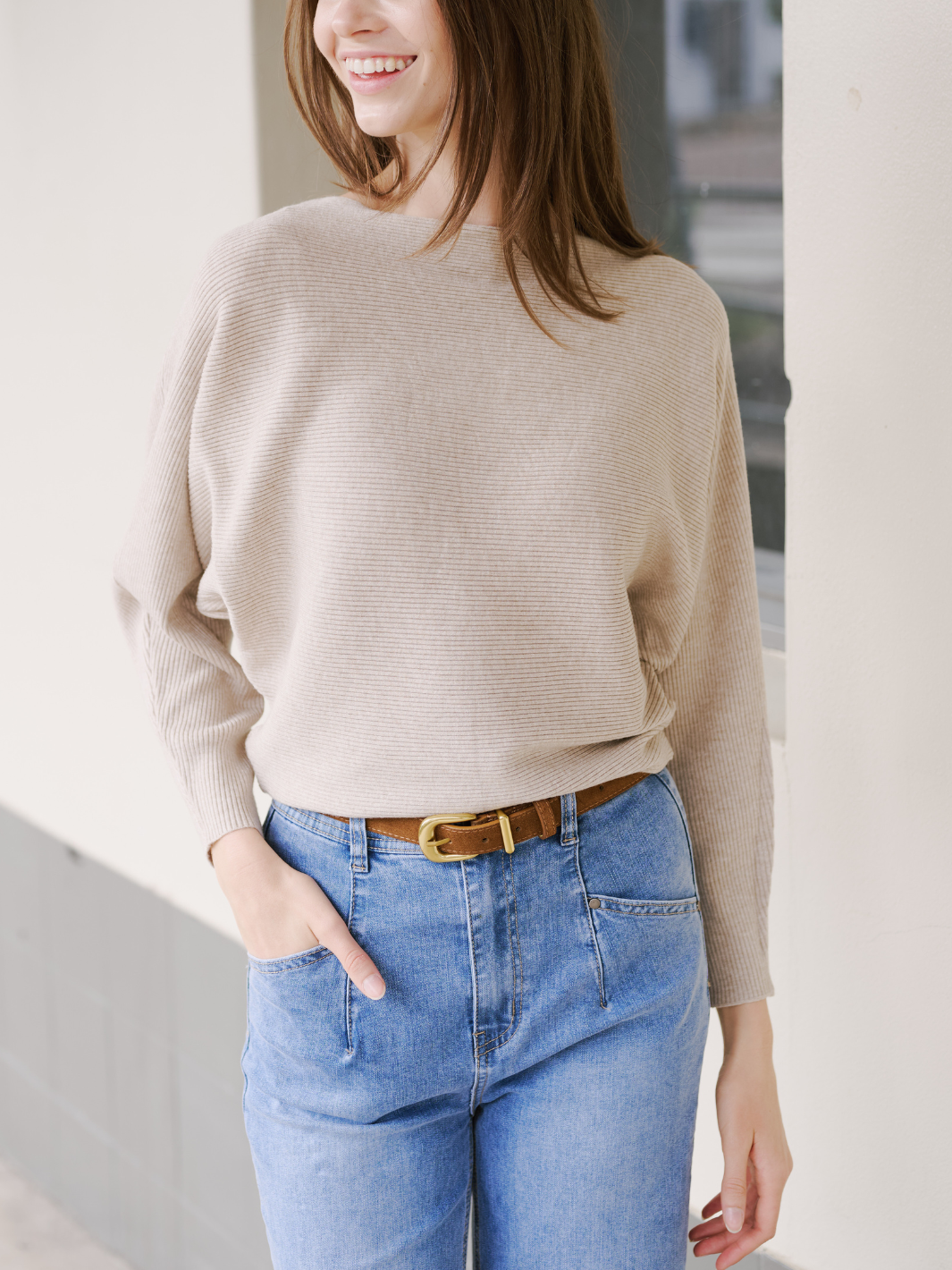 Beige Relaxed Ribbed Knit