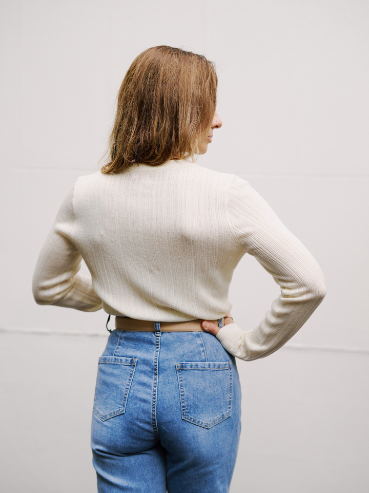 Free Size Cream Ribbed Ls Top